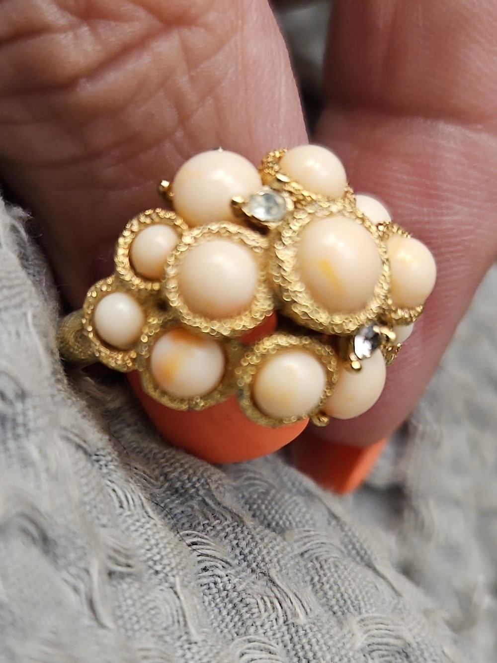 Avon Gold-Tone Ring with Cream Cabochon Cluster and Crystal Accents